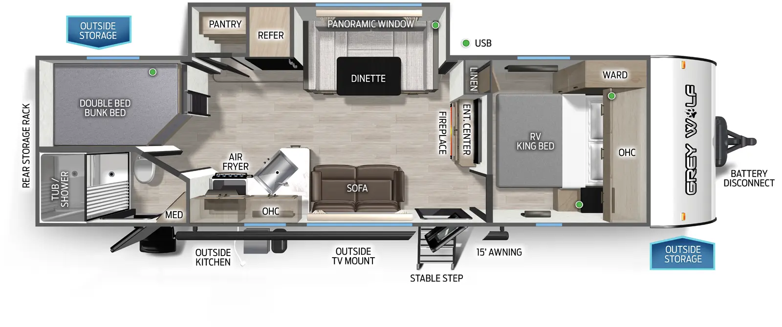 The Grey Wolf 26BRB floorplan has two entries and one slide out. Exterior features include: metal exterior, 15' awning and outside kitchen. Interiors features include: bunk beds, u-dinette and front bedroom.